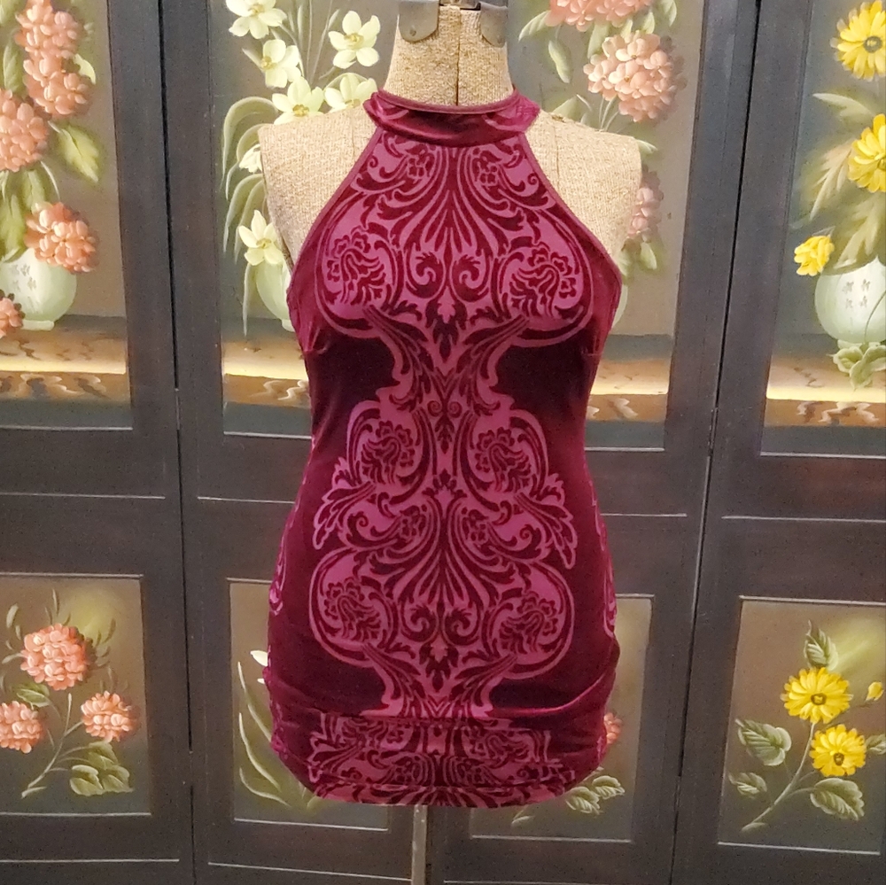 Bodycon Velour Halter Dress By Honey And Rosie In Rich Burgundy